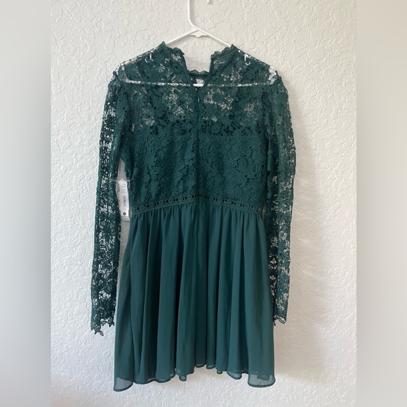 AQUA Womens Green Lace Floral Long Sleeve Short Party Trapeze Dress  - Med - Picture 4 of 7
